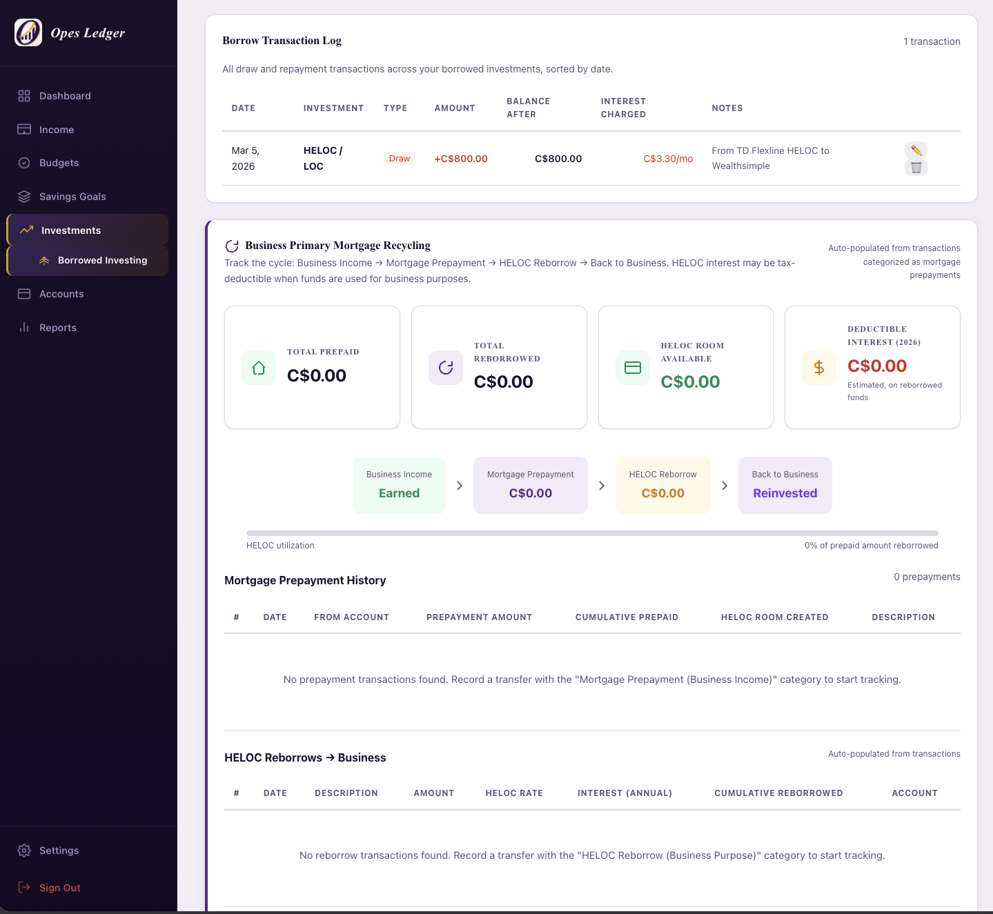 Business mortgage recycling with HELOC tracking
